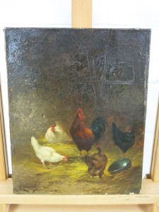 Vintage Oil on Canvas Original Artwork of 19th Century French Barn with Chickens, Signed by Artist F.Youard. Size H41 x 33cm.