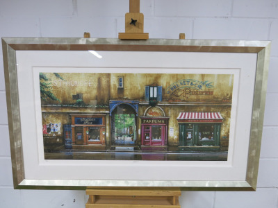 Framed, Glazed & Mounted Limited Edition Artwork, 104/150, Parisian Street Scene Titled "Parfums", Signed by Possible Artist "Netriclus". Size H72 x W119cm.