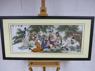 Framed & Mounted Silk Embroided Scroll with Asian Writing Translating to "8 Immortals While Drinking". Size H68 x W127cm.