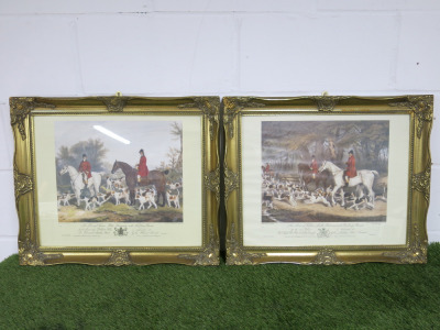 Pair of Gold Gilt Framed & Mounted Proof Prints Originally Painted by R.Davies & Drawn on Stone by J.W.Giles. Depicting 19th Century Fox Hunts. Size H50 x 60cm.