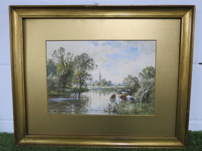 Framed Original Watercolour on Board by Henry.J.Kinnaird (1880-1920) Signed by Artist, Depicting River Scene & Salisbury Cathedral. Size 49 x 61cm.