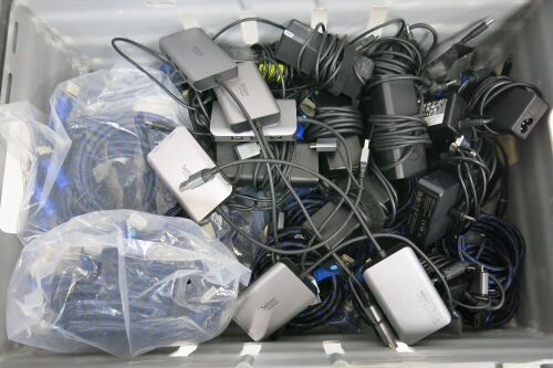 Lot of Assorted Cables & Adapters to Include: 30 x HDMI Cables, 9 x Dell AC Power Adapters, 3 x Lenovo AC Power Adapters, 2 x Unbranded AC Power Adapters & 6 x Selore & S-Global Multi-Port Hubs.