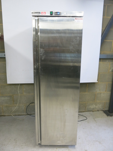 Blizzard Stainless Steel Upright Single Door Fridge, Model HS40, S/N D2128B203WR40S062. Size H185 x W60 x D63cm.