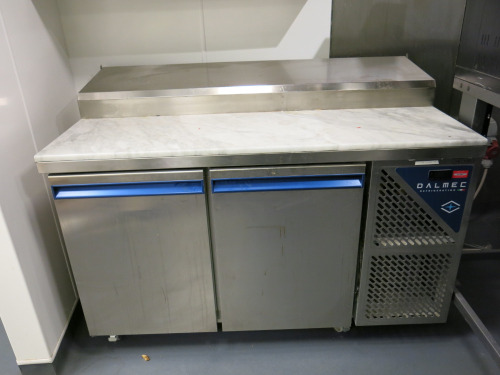 Dalmec Stainless Steel 2 Door Refrigerated Saladette Prep Counter with Marble Top Model PPCS802AN, YOM 2022. Size H100 x W143 x D80. Comes with 12 x GN Counters.