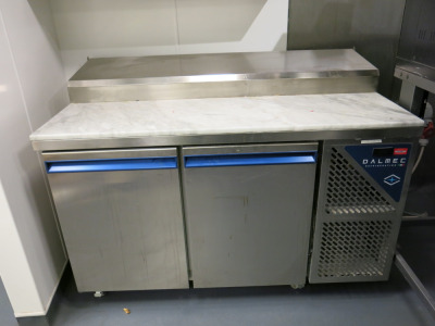 Dalmec Stainless Steel 2 Door Refrigerated Saladette Prep Counter with Marble Top Model PPCS802AN, YOM 2022. Size H100 x W143 x D80. Comes with 12 x GN Counters.
