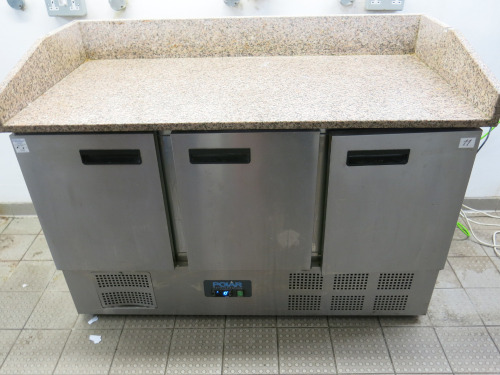 Polar 3 Door Pizza Prep Counter Fridge with Marble Top, Model CN402, S/N 9179395. Size H90 x W141 x D70cm.