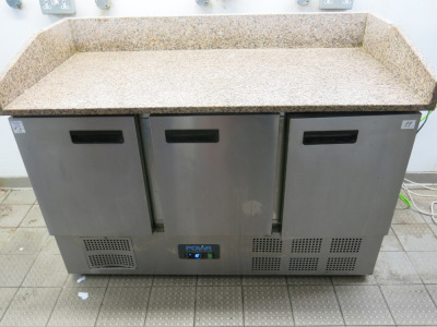 Polar 3 Door Pizza Prep Counter Fridge with Marble Top, Model CN402, S/N 9179395. Size H90 x W141 x D70cm.