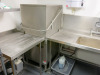 Ecomax Plus by Hobart Pass Through Dish Washer, Model ECO+H615SW-10C, S/N 865772682, YOM 2022, Size H153 x W70 x D80cm. Comes with Large Stainless Steel Single Bowl Sink, Size H90 x W215 x D80cm with Pre Rinse and Lever Taps and Stainless Steel out Table,