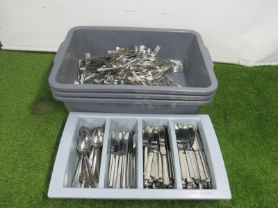 385 x Pieces of Assorted Cutlery to Include: 215 x Forks, 150 x Knives & 20 Spoons. Comes with 1 x Cutlery Holder & 3 x Bus Boy Trays.