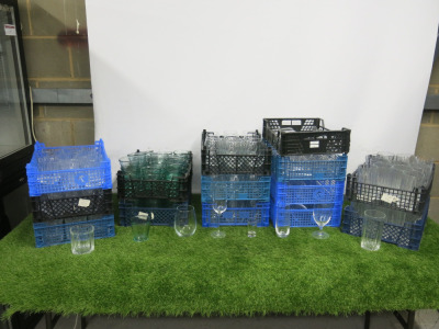 14 x Crates of 197 Pieces of Assorted Glassware to Include: 25 x Shot Glasses, 12 x Beer Glasses, 8 x Stemless Glasses, 53 x Utopia Madrid Tumblers, 34 x Stemless Wine Glasses, 6 x Champagne Flutes, 28 x Ribbed High Ball Glasses & 31 x Ribbed Tumbler Glas