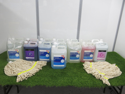 Assorted Lot of Cleaning Products to Include: 2 x Mop Heads, 15 x 5Lt Cans of Assorted Cleaning Products to Include: 2 x Jantex Dishwasher Detergent, 2 x Jantex Glass Wash Rinse Aid, 1 x Jantex Glass Wash Detergent, 1 x Jantex Disinfectant & Floor Cleaner