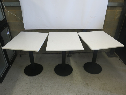 21 x Restaurant/Caf&eacute; Tables with White Marble Tops & Heavy Black Single Pedestal Bases to Include: 1 x H75 x W100 x D70cm & 20 x H75 x W70 x D60cm.