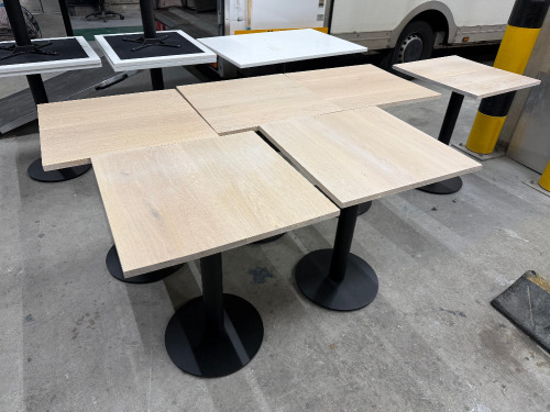 6 x Restaurant/Caf&eacute; Tables with Wood Effect Tops on Heavy Black Single Pedestal Bases, Size H75 x W60 x D60cm.