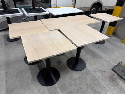 6 x Restaurant/Caf&eacute; Tables with Wood Effect Tops on Heavy Black Single Pedestal Bases, Size H75 x W60 x D60cm.