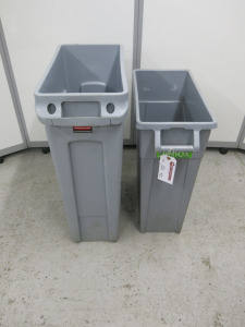2 x Assorted Bins to Include: 1 x Rubbermaid Slim Jim Bin, 87L & 1 x Denox Bin with Wheels.