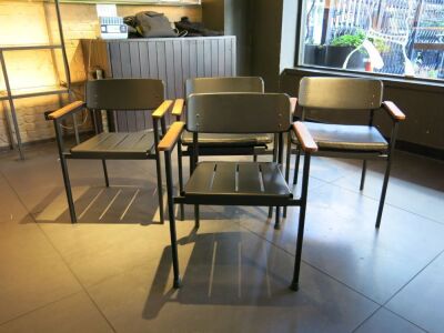 4 x Emu Metal Chairs with Wood Armrests & 2 x Black Faux Leather Seat Pads.