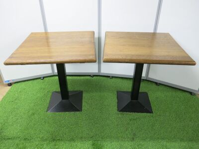 8 x Square Stained Heavy Wood Top Tables with Black Metal Square Base. Size H78cm x W75cm x D75cm.