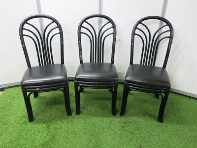 10 x Rustic Black Wooden Chairs with Black Leather Seat Cushions.