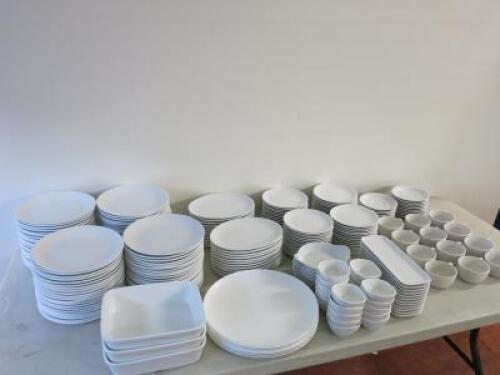 252 Pieces of White Royal Genware Crockery to Include: 86 x 9.5" Dinner Plates, 8 x 12.5" Serving Platters, 3 x 9.5" Serving Dishes, 23 x 10" Oval Side Plates, 58 x 7" Small Plates, 12 x 6" Tappas Bowls, 21 x 3.5" Dipping Dishes, 12 x 10.5 Serving Plates,