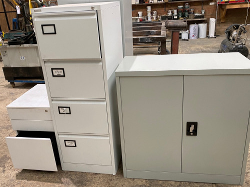 4 Drawer Filing Cabinet, 3 Drawer Pedestal, 2 Door Cupboard and 3 Pairs of Full Length Personnel Lockers.