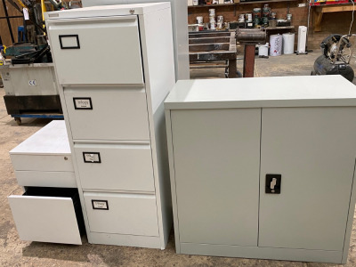 4 Drawer Filing Cabinet, 3 Drawer Pedestal, 2 Door Cupboard and 3 Pairs of Full Length Personnel Lockers.