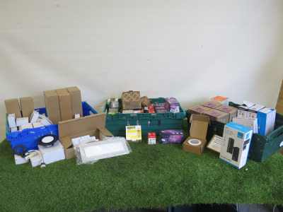 Large Lot of Lighting Equipment to Include: Light Bulbs, LED Down Lights, Wall Lights, Sealing Rings, Emergency Spotlights & Others (As Viewed). NOTE: crates not included