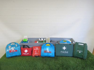 Lot of Assorted First Aid & Safety Equipment to Include: First Aid Kits, EyeWash, Fire Blankets, Tourniquet & Others (As Viewed). NOTE: crates not included.