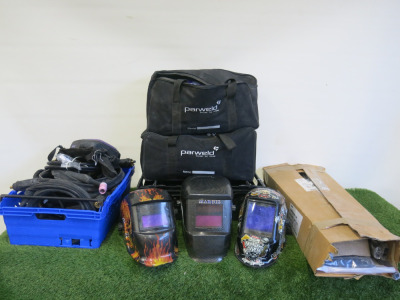 Lot of Assorted Welding Equipment to Include: 1 x Boxed New 8'x6' Welding Curtain with Frame, 3 x Assorted Welding Masks, Bag Containing Parweld Automatic Welding Mask with P100 Series Air Filtration System & Pair of Leather Sleeves, Bag Containing Parwel