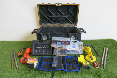 DeWalt Tool Chest Containing: Multiple Drill Bit Sets, Suction Cup Glass Lifters, Tape Measures, Fittings, Mammoth Tape & Others (As Viewed).