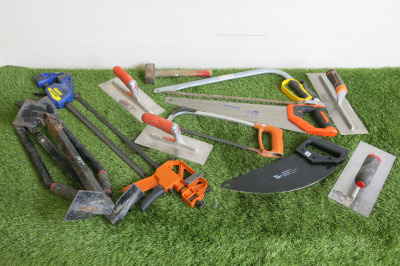 Lot of Hand Tools Containing: Trowels & Trowel Sets, Saws, Bar Clamps & Others (As Viewed).