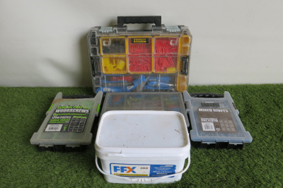 4 x Systainer Chests & 1 x Tub Containing: Screws, Wall Plugs, Nails, Rivets & Terminal Blocks. (As Viewed).