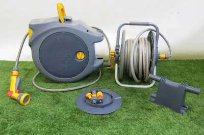2 x Water Hoses, with Attachments to Include: 1 x Hozelock Retractable Hose & 1 x Manual Wind-Up Hose.