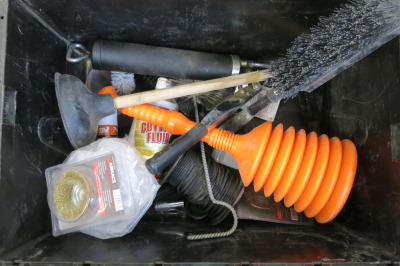Lot of Assorted Cleaning Equipment to Include: Brushes, Plungers, Sprays & Others (As Viewed). NOTE: crate not included.