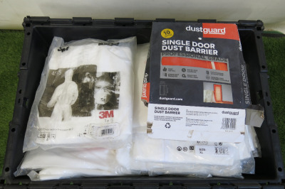 Lot Containing Crate Full of Disposable Coveralls & Dust Guards.