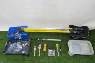 Lot of Painting Equipment to Include: 2 x Buckets, 2 x Paint Trays, 4 x Extendable Poles, Rollers/Roller Heads & Brushes (As Viewed).