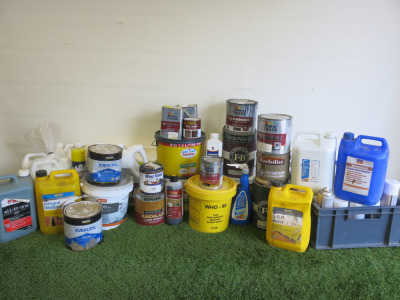 Large Lot of Assorted New/Used Paints, Primers, Repellents, Grout, Varnish & More, to Include: Large Buckets, Various Sized Bottles, Tins, Spray Bottles & Cans (As Viewed).