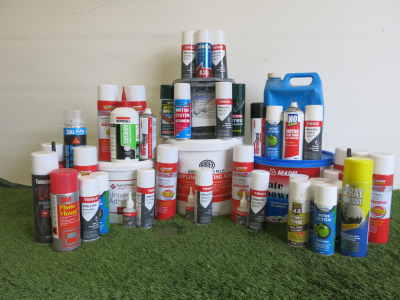 Large Lot of Assorted New/Used Adhesives & Activators to Include: Large Buckets, Various Sized Bottles & Spray Cans (As Viewed).
