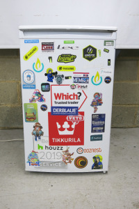 LEC White & Stickered Under-Counter Fridge, Model R5017W.