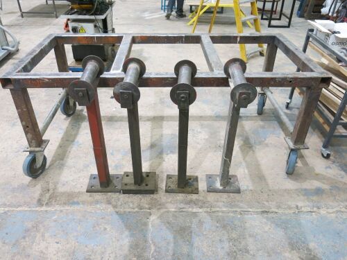4 x Heavy Duty Metal Feed Roller Stands and Metal Skeleton Frame Heavy Duty Work bench on Wheels & 1 x Other Smaller.