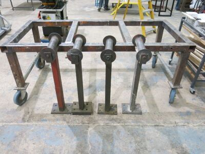 4 x Heavy Duty Metal Feed Roller Stands and Metal Skeleton Frame Heavy Duty Work bench on Wheels & 1 x Other Smaller.