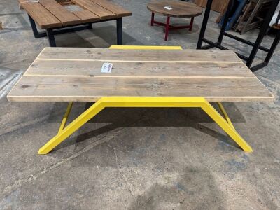 140cm x 60cm x 45cm Table on Yellow Frame and Reclaimed/Distressed Scaffold Boards.