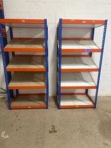 2 x Orange & Blue 5 Shelf Racks to Include: 4 x 1.98m Uprights, 20 x 0.89m Beams & 11 x 0.92m x 0.65m Boards.