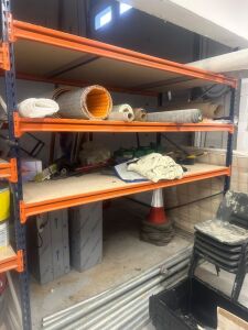 2 x Bays of Orange & Dark Blue Racking to Include: 3 x 2.5m Uprights, 6 x 2.7m Beams, 6 x 2.3m Beams, 16 x Metal Supports, & 3 x 2.30m x 1.30m Boards & 3 x 2.70m x 1.30m Boards. NOTE: contents on shelves not available.