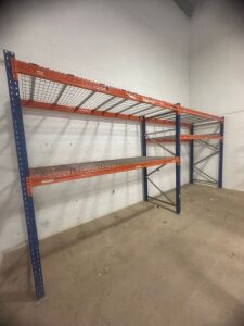 2 x Bays of Orange & Blue Pallet Racking to Include: 3 x 2.5m Uprights, 8 x 2.7m Beams & 8 x Heavy Duty Steel Metal Mesh Decks, Size 132 x 112cm.