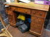 Antique Desk with Embossed Leather Inlay on Two Pedestals with 9 Draws. Size H73 x W104 x D55cm.