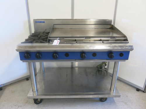 Blue Seal Heavy Duty Gas Burner Cooktop with Griddle Plate & 2 Burners on Mobile Stand. Size H90 x W120 x D80cm.