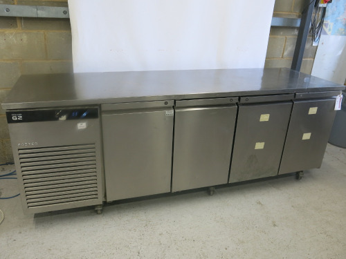 Foster Eco Pro G2 4 Door Refrigerated Prep Counter, Model EP1/4L, S/N E5423637. Size H87 x W232 x D70cm. NOTE: damage to outer housing.