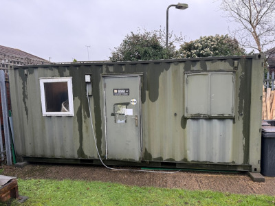 20ft Lined & Insulated, Site Container/Cabin, Used as Store Room with Side Door, 3 Windows, 240v Power, Lighting & Sockets. (Used for Storage).