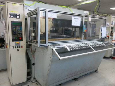 LC100 LC Series Hydraulic Head Press Cutting Machine for Either Single or Multiple Layer Cutting Tools with Wall Fixed Rear Feed Roller Unit, Hydraulic Pump, Model PP208469, S/N 500650, DOM 05/2000 & Machine Settings Manual.