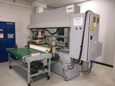 THP2 Global Technologies Ltd, Electric Heated Platen Press, Model CPC 30, S/N 7170 SY, 3 Phase, YOM 2008. Comes with Infeed and Outfeed Tables. NOTE: appears to be complete but not connected or commissioned.